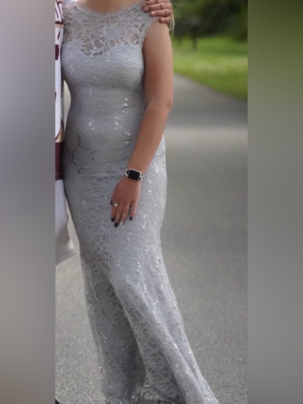 B Darlin Silver Lace Sequin Prom Dress